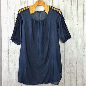 Mlle Gabrielle Womens Dress 3X Blue Chambray Cut Out Sleeves Sheath‎ Scoop Neck